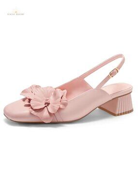 Coutgo Women's Slingback Chunky Heels Flower Closed Square Toe Pumps Dress Shoes